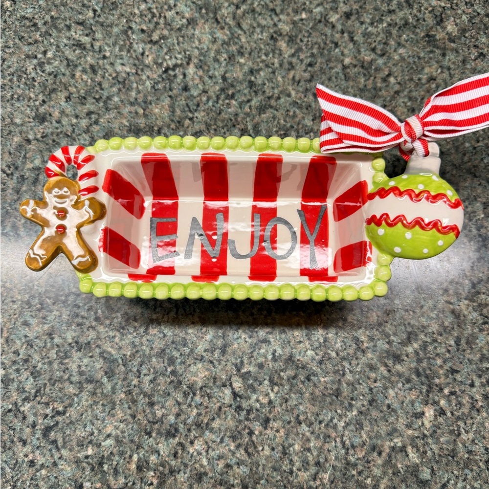 Mud Pie Mini Loaf  Candy Dish with Green and White Accents Christmas Holidays